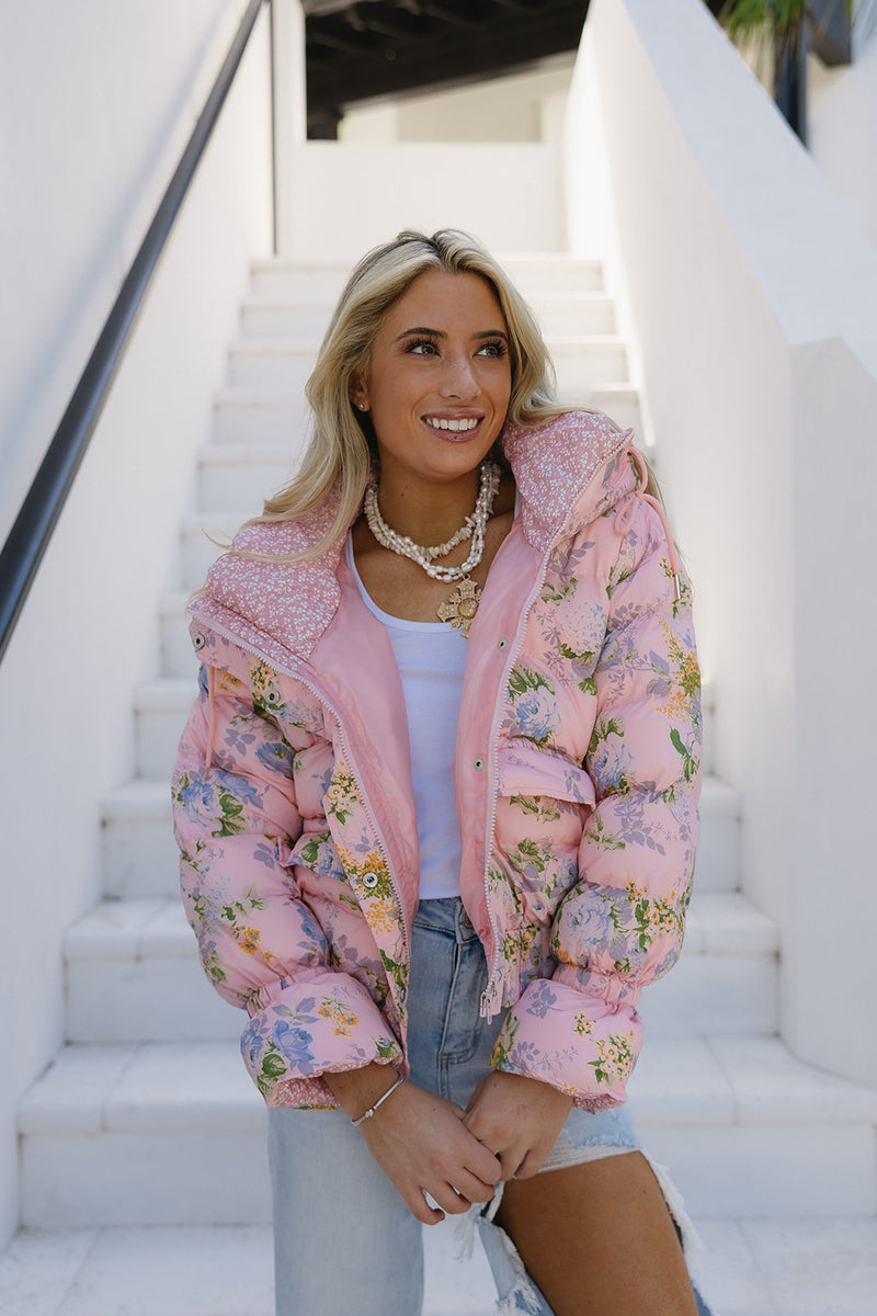 Fancy Florals Puffer Jacket - Pink