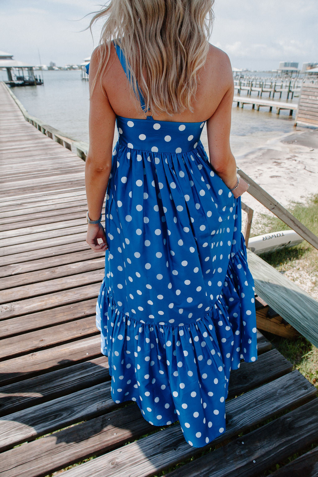 blue and white polka dot maxi dress The Tipton Maxi Dress