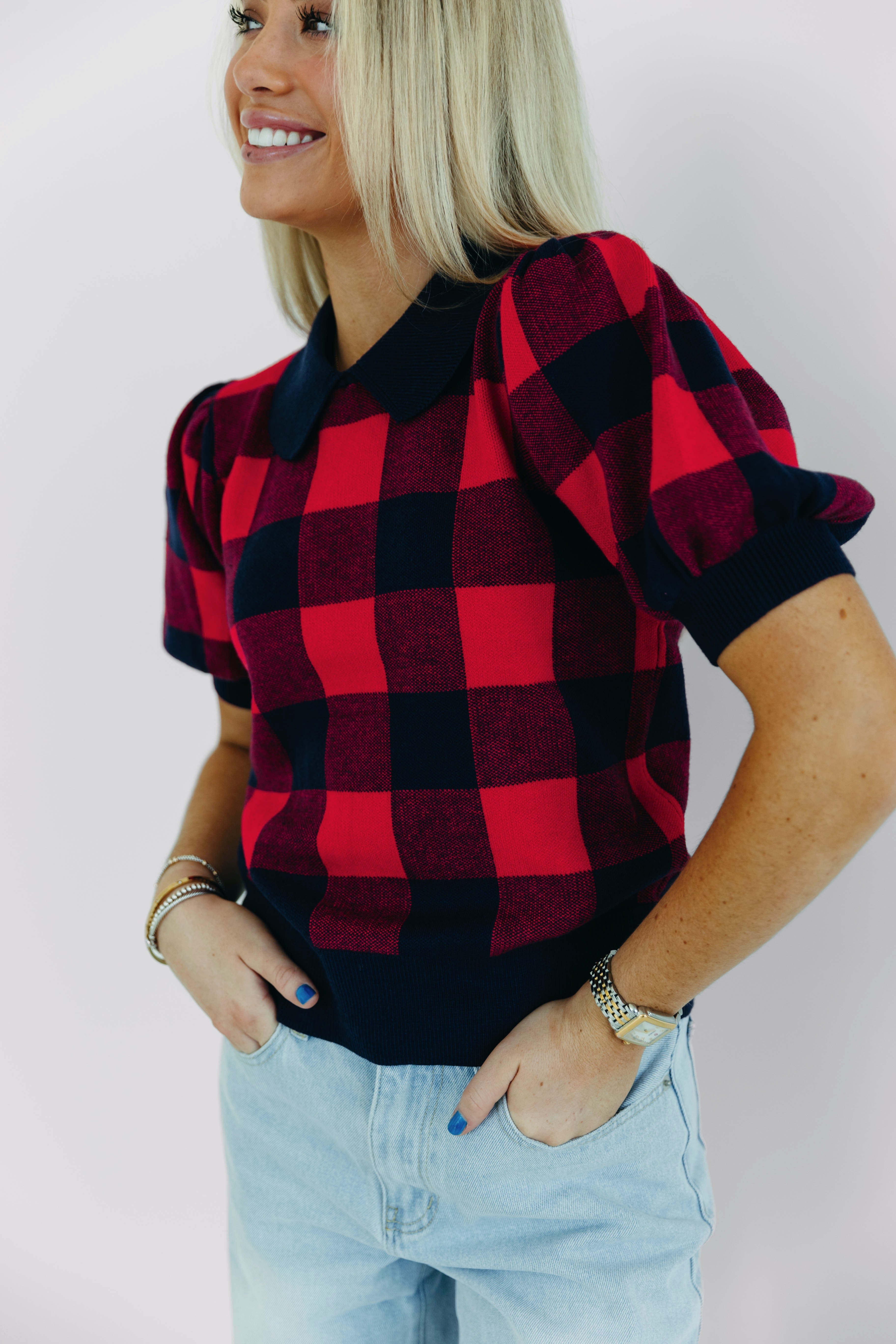 Sophia Gingham Sweater Navy/Red