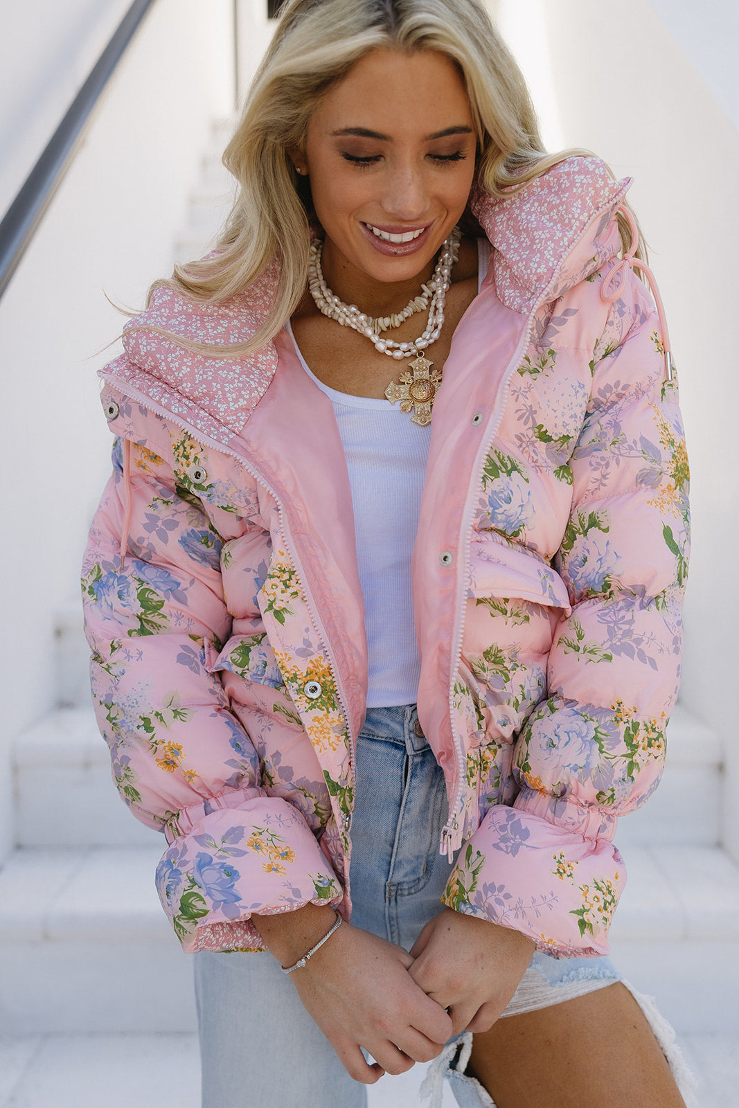 Pink Floral Jackets Womens Fancy Florals Puffer Jacket Pink