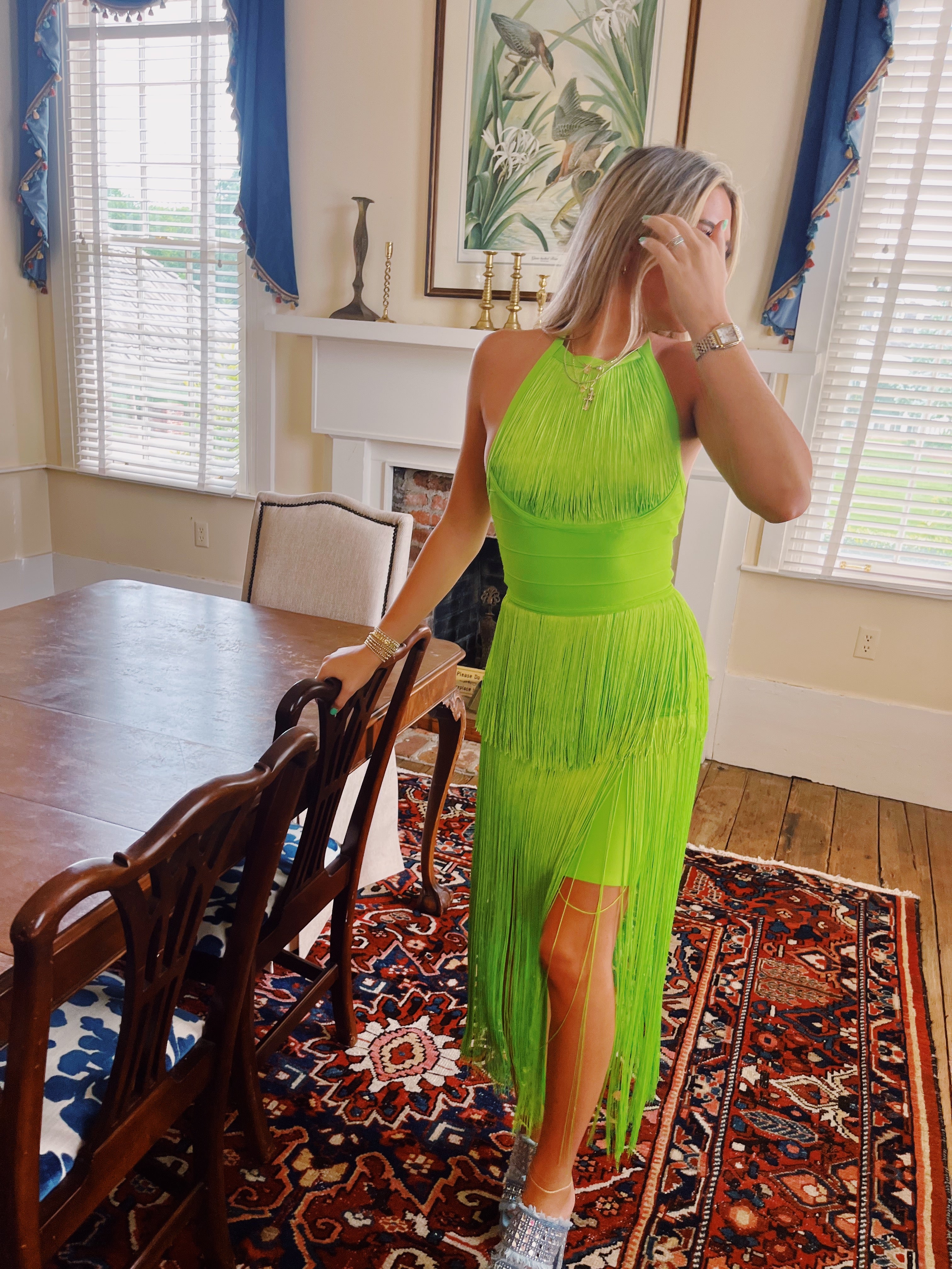lime green fringe dress ARRANGE asymmetric tape work fringe hem mini dress in lime green